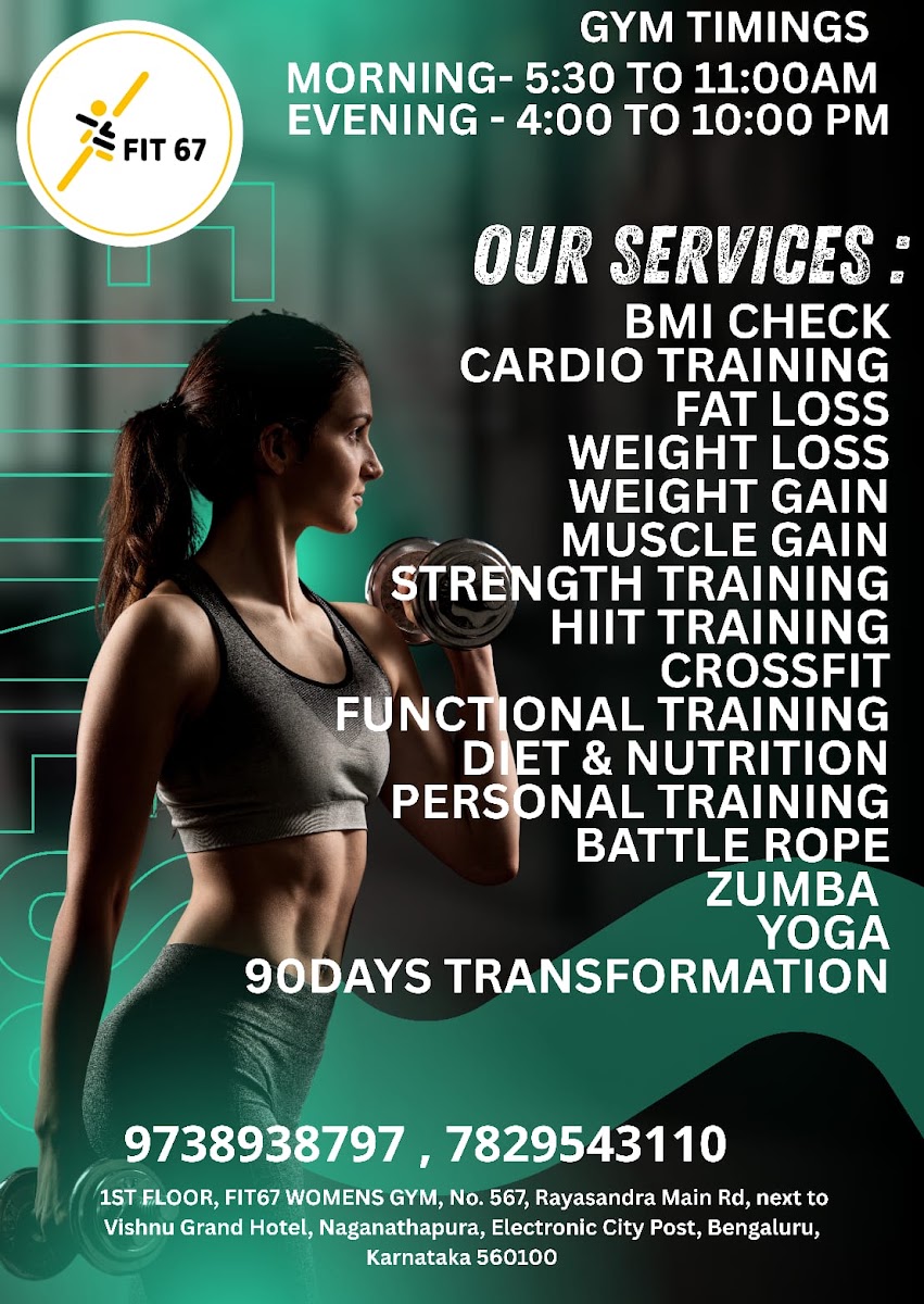 FIT67 WOMEN'S GYM gym facility photo 5, 1ST FLOOR, FIT67 WOMENS GYM, No. 567, Rayasandra Main Rd, next to Vishnu Grand Hotel, Naganathapura, Electronic City Post, Bengaluru, Karnataka 560100, India